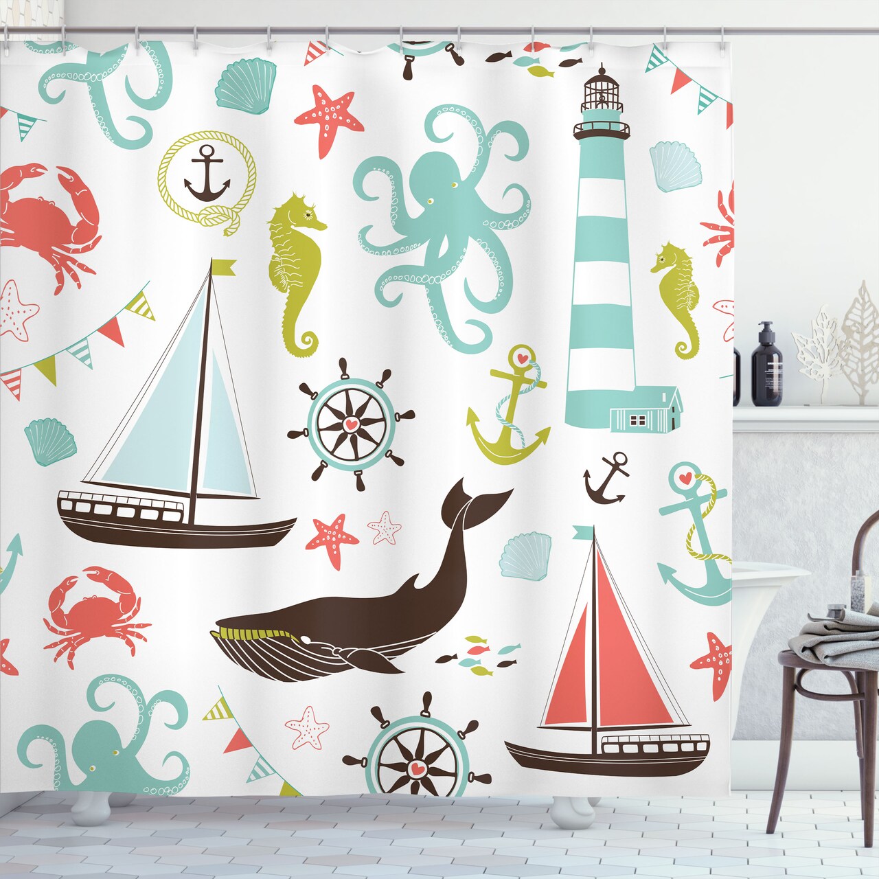 Ambesonne Sail Shower Curtain, Pastel Color of Lighthouse Sailboat Maritime Theme Fish Shells Octopus and Anchor, Cloth Fabric for Nautical Bathroom Decor Set with Hooks, 69" W x 70" L Coral Turquoise